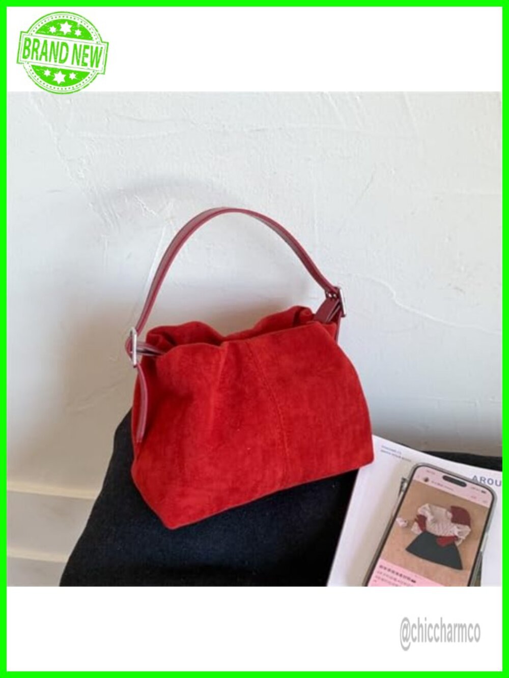 Vintage Suede Handbag Small Tote Bag Drawstring Bucket Crossbody Shoulder Purse - Picture 2 of 6